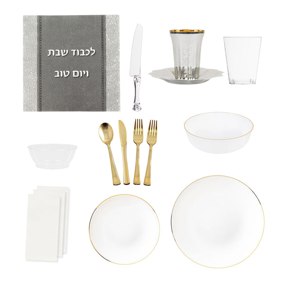 Basic White and Gold Shabbos Dinnerware Bundle - 24 Full Settings