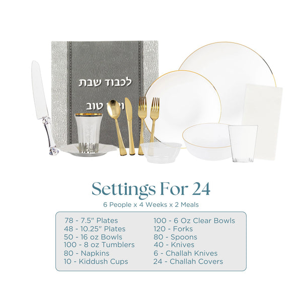 Basic White and Gold Shabbos Dinnerware Bundle - 24 Full Settings