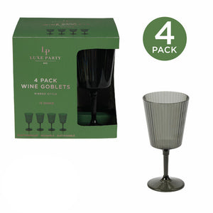 stemmed plastci wine goblets with a rimmed design with a single goblet displayed in front.