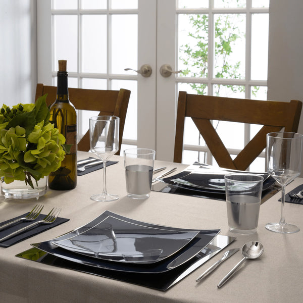 Navy Blue and Silver Rim Square Plastic Plates - Organic