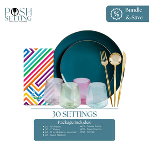 Table setting with blue plates, colorful napkins, and gold cutlery on a white background. Posh Setting brand visible.