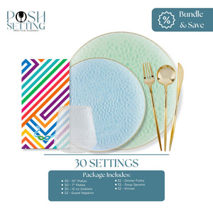 Table setting with plates, cutlery, and napkins on a white background, featuring the Posh Setting brand.