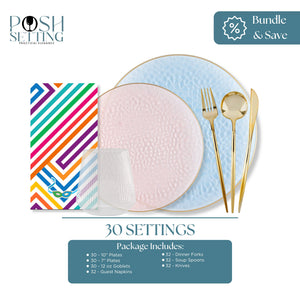 Tableware set with plates, cutlery, and napkins on a white background, featuring 'Posh Setting' branding.