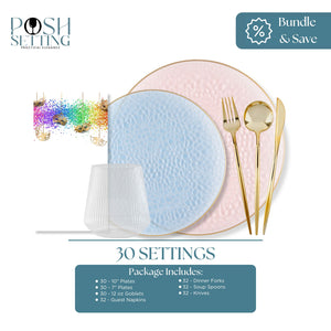 Dinnerware set with pink and blue plates, gold cutlery, and Posh Setting branding.