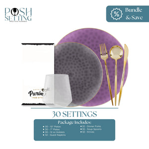Tableware set with purple and gray plates, gold cutlery, and other items on a white background with 'Posh Setting' branding.