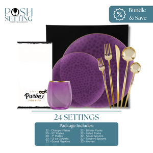 Purple dinnerware set with gold accents including plates, glasses, and cutlery on a white background.