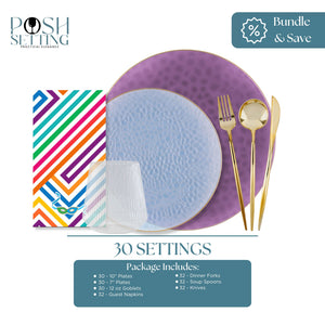 purim Table setting with purple plate, gold cutlery, and colorful napkin on a white background.