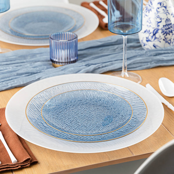 24 Pack Transparent Blue and Gold Rim Round Plastic Dinnerware Set (12 Guests) - Icicles