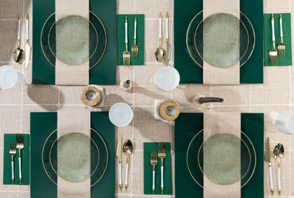 24 Pack Transparent Green and Gold Rim Round Plastic Dinnerware Set (12 Guests) - Icicles