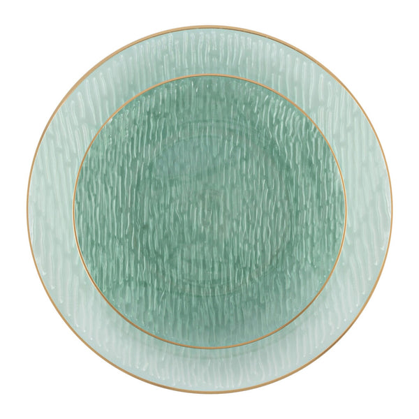 24 Pack Transparent Green and Gold Rim Round Plastic Dinnerware Set (12 Guests) - Icicles