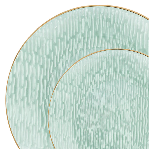 24 Pack Transparent Green and Gold Rim Round Plastic Dinnerware Set (12 Guests) - Icicles