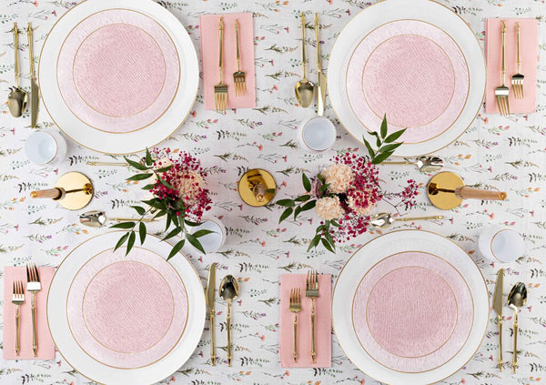 24 Pack Transparent Pink and Gold Rim Round Plastic Dinnerware Set (12 Guests) - Icicles
