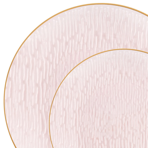 24 Pack Transparent Pink and Gold Rim Round Plastic Dinnerware Set (12 Guests) - Icicles