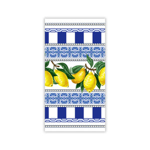 Towel with lemon design and blue stripes on a white background
