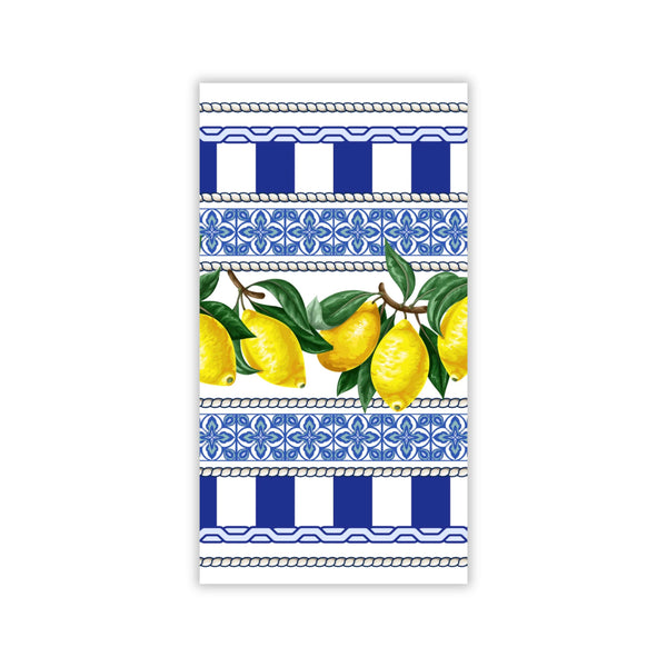 Towel with lemon design and blue stripes on a white background