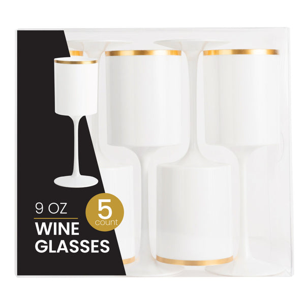 white and gold plastic wine glass set in packaging