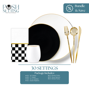 White, black, and gold disposable dinnerware bundle from Posh Setting — includes 30 settings with plates, goblets, gold flatware, and checkered napkins.