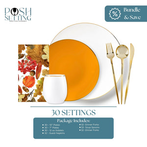 White, Orange and Gold disposable dinnerware bundle with Autumn Foliage napkins — perfect for fall gatherings, Halloween celebrations, and Thanksgiving tablescapes — Posh Setting.
