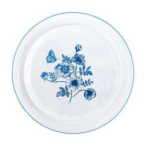 White and Blue French Toile Plastic plate set on white background