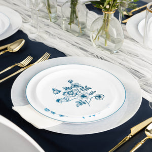White and Blue French Toile Plastic plate set on tablescape