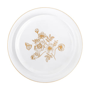 white and gold dinner plate set with french toile print on white background