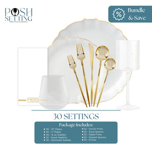 Gold dinnerware set with plates, forks, and spoons on a white background, featuring 'Posh Setting' branding.