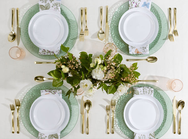 32 Pack White Round Plastic Dinnerware Set (16 Guests) - Presentation