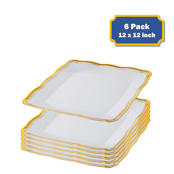 12 X 12 Inch Square White and Gold Rim Plastic Serving Tray 6 Pack