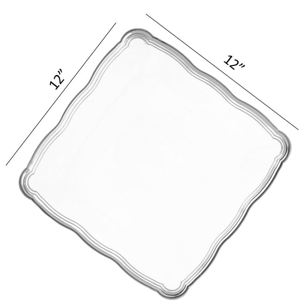 12 X 12 Inch Square White and Silver Rim Plastic Serving Tray - 6 Pack