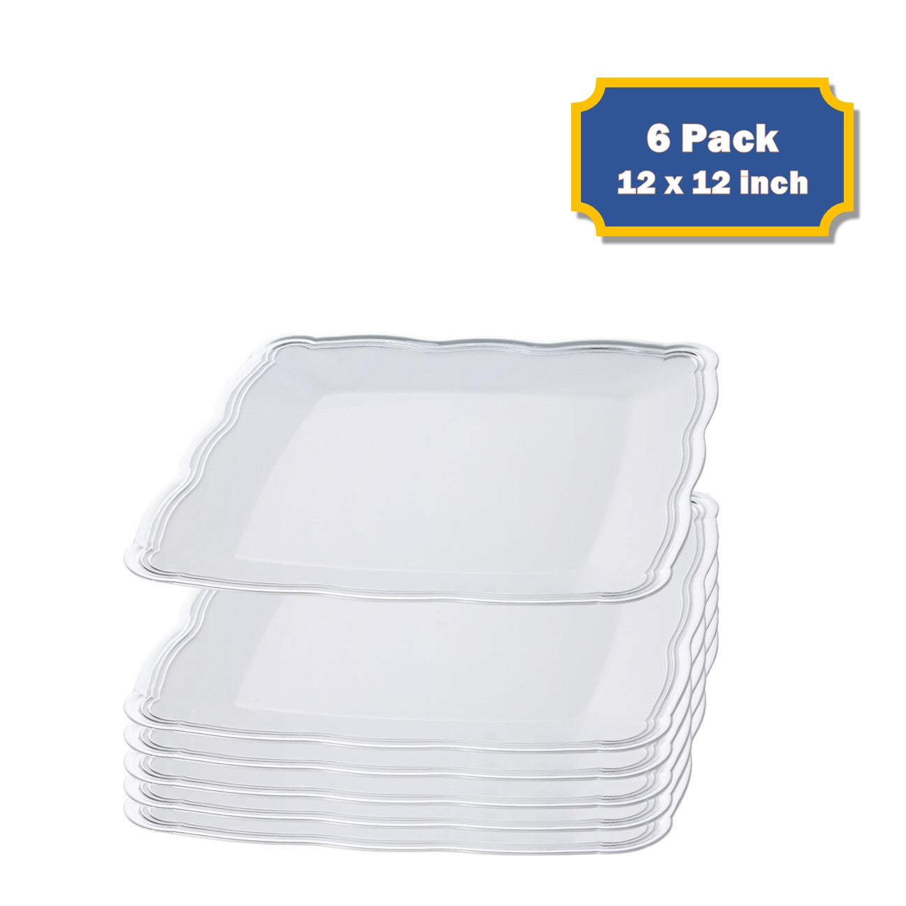 9 X 13 Inch Rectangle White and Silver Rim Plastic Serving Tray