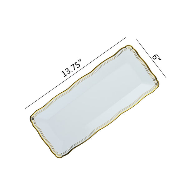 13.75 X 6 Inch Rectangle White And Gold Rim Plastic Serving Tray