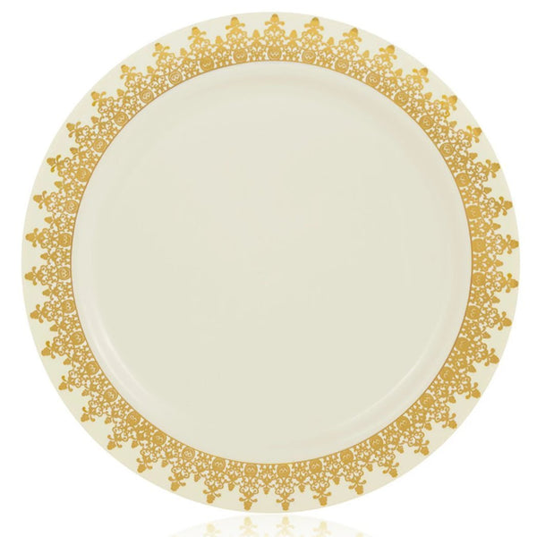 10.25 inch Cream and Gold Round Plastic Dinner Plate - Ornament - Posh Setting