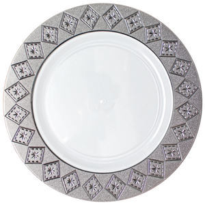 10.25 Inch White and Silver Round Plastic Dinner Plate - Imperial - Posh Setting