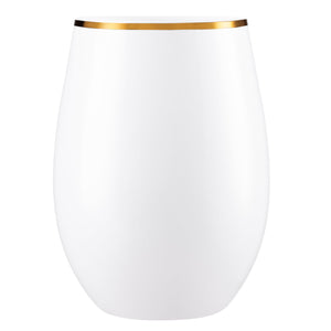 White Stemless Wine Goblets with Gold Rim