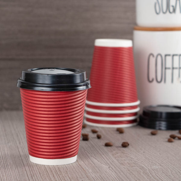 Insulated Ripple Red Paper Coffee Cups with Lids