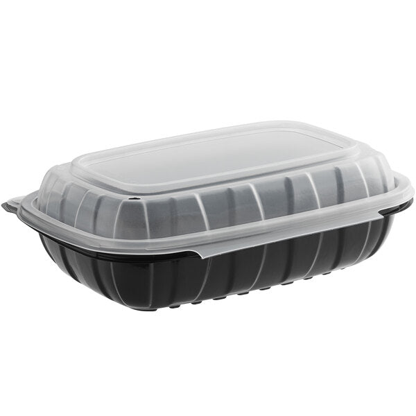 9" x 6" x 3" Microwaveable 1-Compartment Black / Clear Plastic Hinged Container - 1 Count