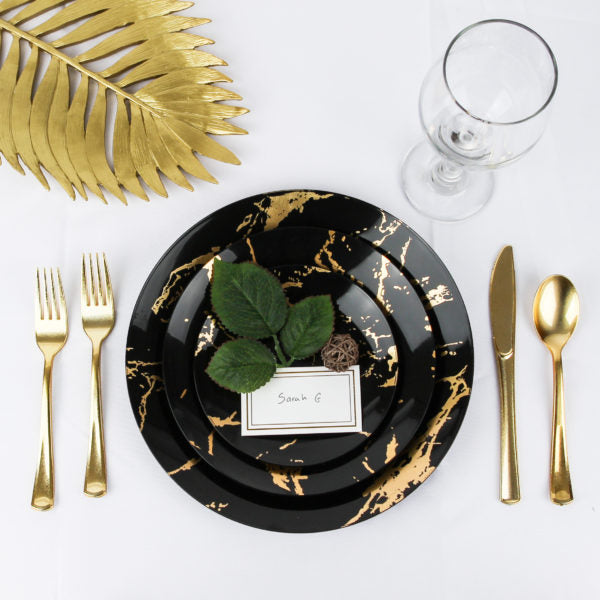 32 Piece Combo Black and Gold Round Plastic Dinnerware Set (16 Servings) - Stroke