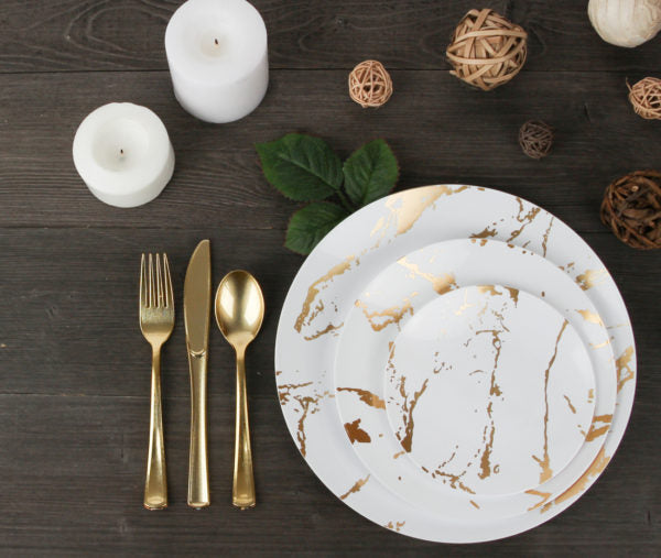 White and Gold Round Plastic Plates - Stroke