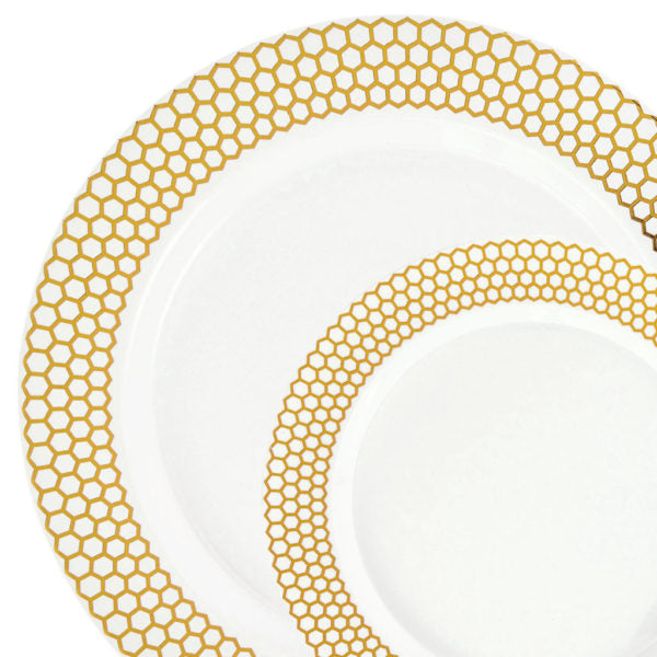 32 Pack White and Gold Round Plastic Dinnerware Set (16 Guests) - Honeycomb