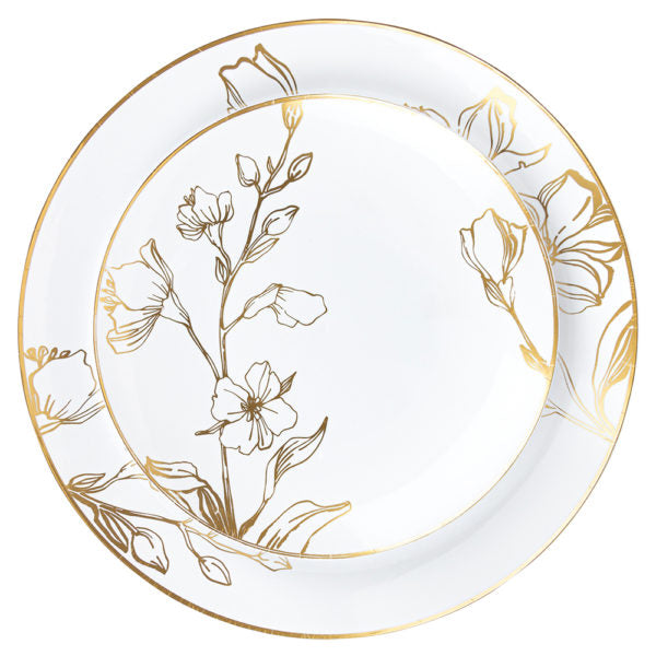 White and Gold Round Plastic Plate 10 Pack - Antique Floral
