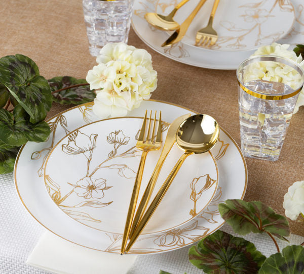 32 Pack White and Gold Round Plastic Dinnerware Set (16 Guests) - Antique Floral