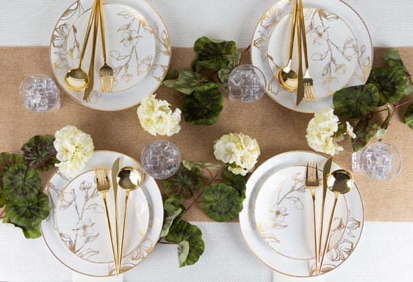 32 Pack White and Gold Round Plastic Dinnerware Set (16 Guests) - Antique Floral