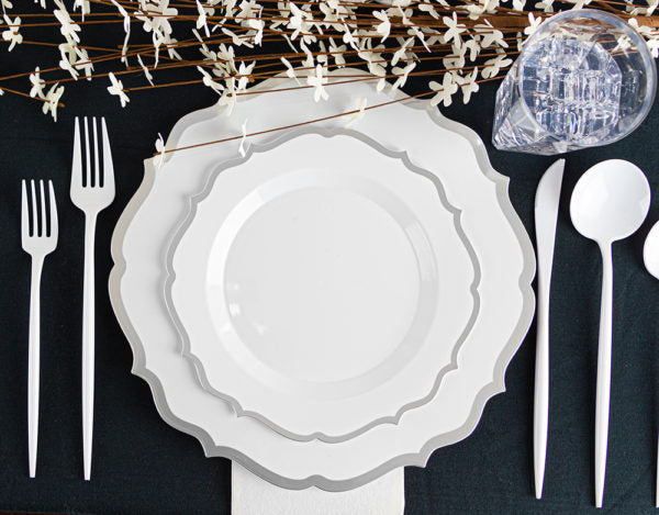 32 count Combo Pack White and Silver Round Plastic Dinnerware set (16 Guests) - Contemporary