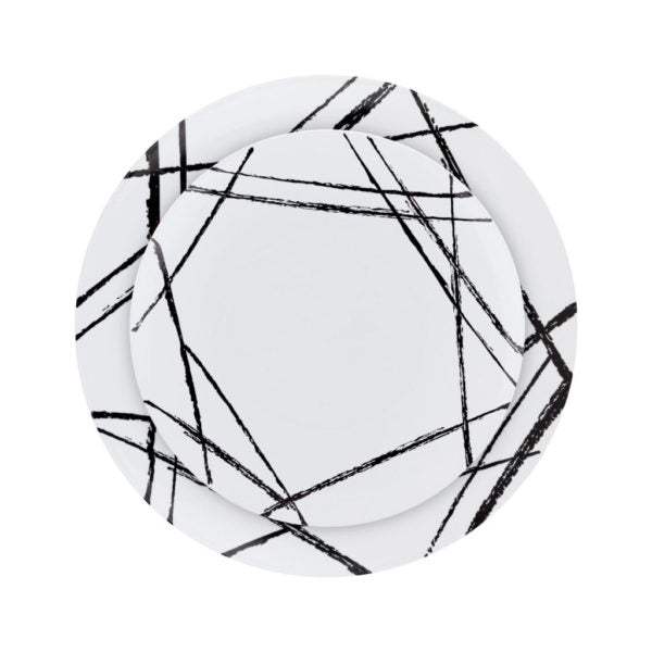 White and Black Round Plastic Plate 10 Pack - Brush
