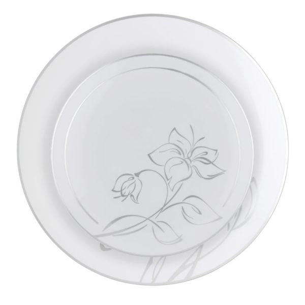White and Silver Round Plastic Plate  - Antique Floral