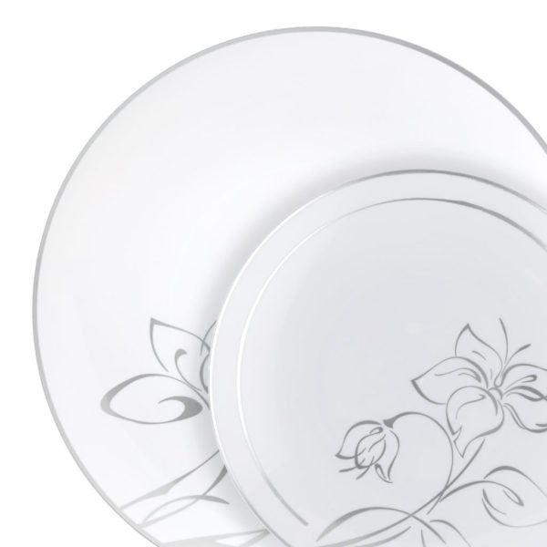 White and Silver Round Plastic Plate  - Antique Floral