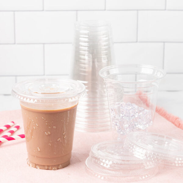 Clear Plastic Cups with Straw Slot Lid, PET Cups/Lids Combo Pack