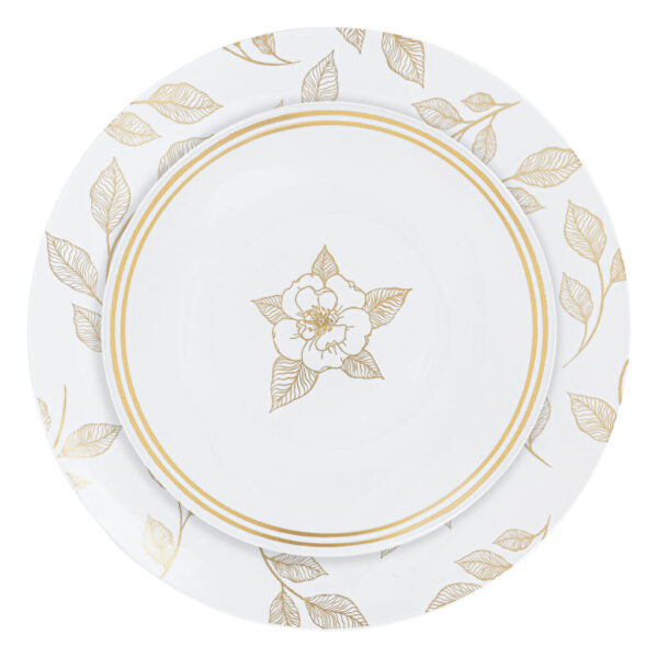 White and Gold Round Plastic Plate 10 Pack - Botanic