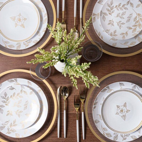 32 Piece Combo White and Gold Round Plastic Dinnerware Set (16 Servings) - Botanic