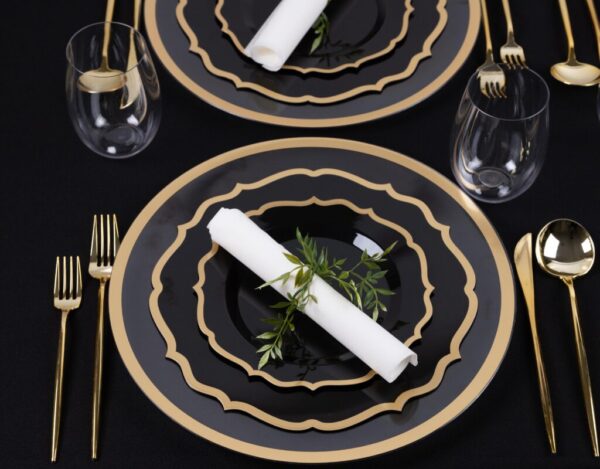 32 count Combo Pack Black and Gold Round Plastic Dinnerware set (16 Guests) - Contemporary